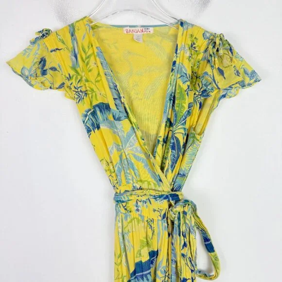 Banjanan Mercy Midi Dress Wrap Tropical Floral Bird Yellow Size Small S $370 EUC - Picture 3 of 16